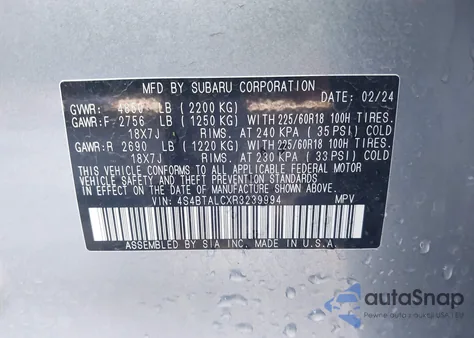 2024 Subaru Outback Onyx Edition z USA, uszkodzony, nr VIN 4S4BTALCXR3239994